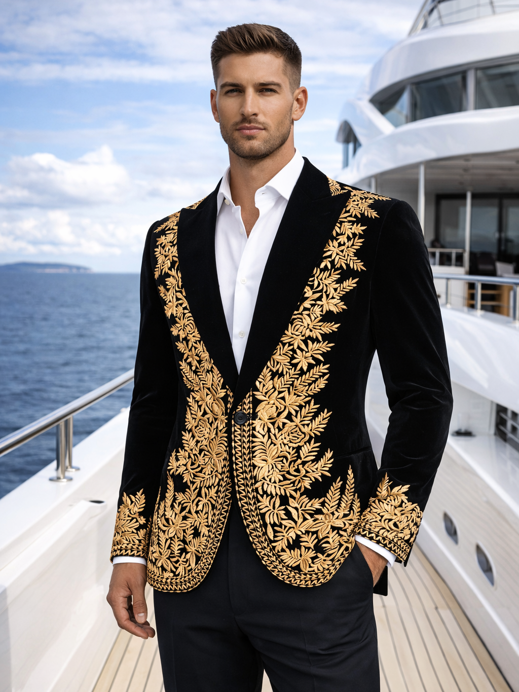Luxury Gold Embroidered Velvet Tuxedo Jacket for Men