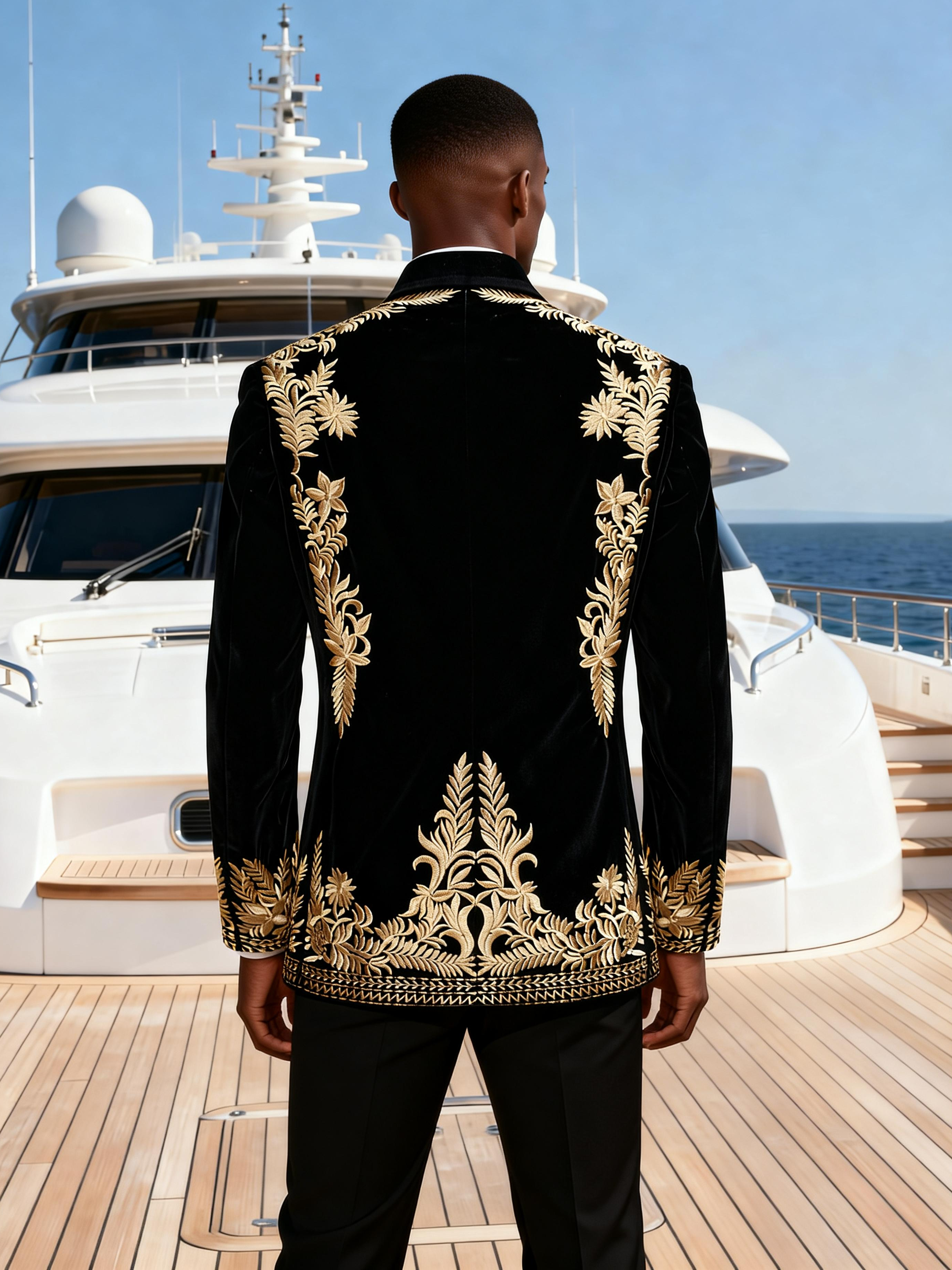 Luxury Gold Embroidered Velvet Tuxedo Jacket for Men