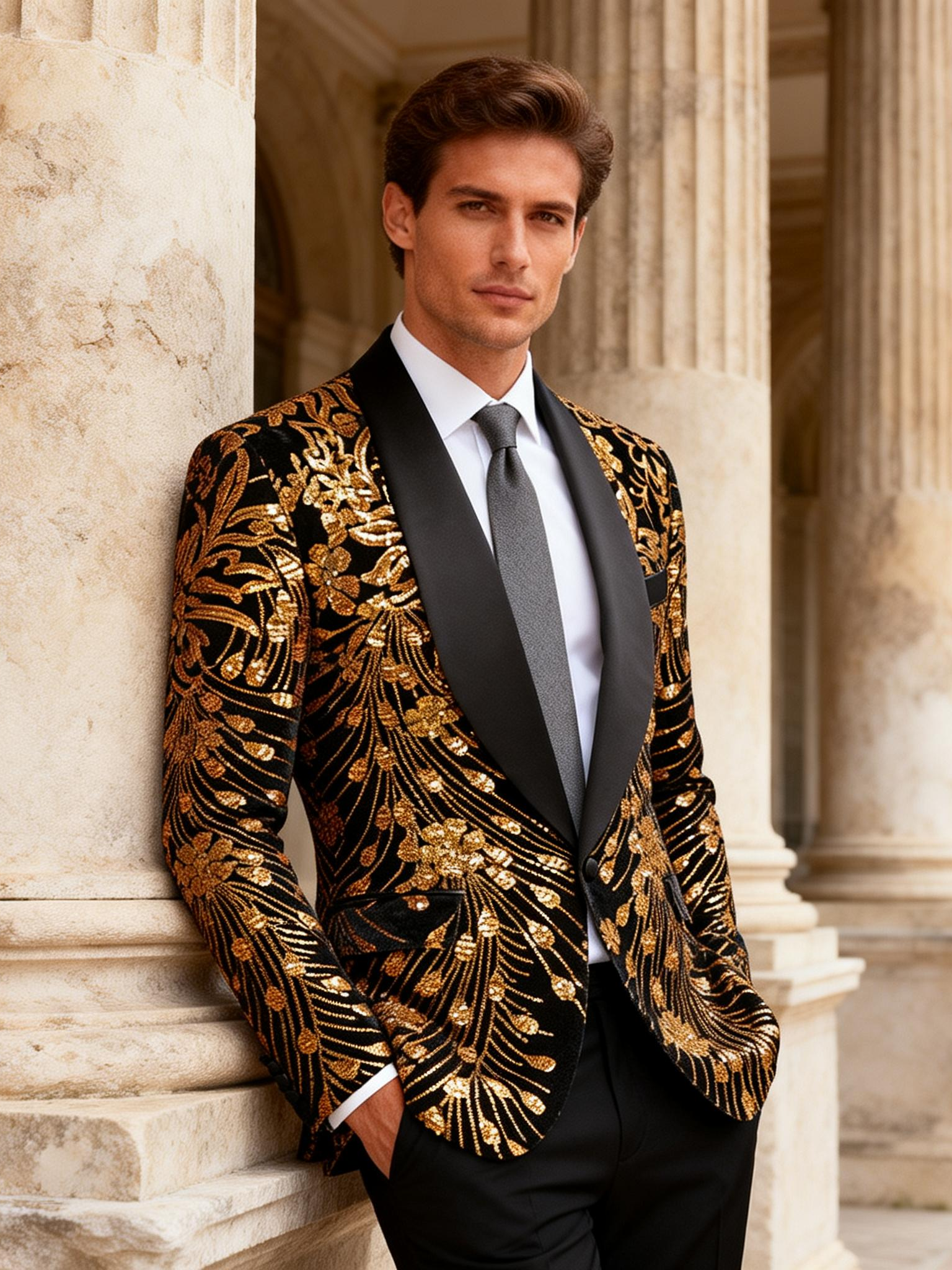 Luxury Gold Sequin Floral Blazer for Men | Stage, Red Carpet & Formal Events