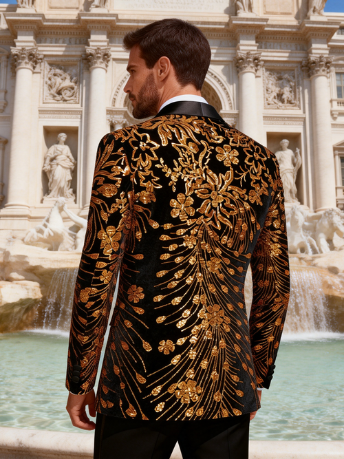 Luxury Gold Sequin Floral Blazer for Men | Stage, Red Carpet & Formal Events