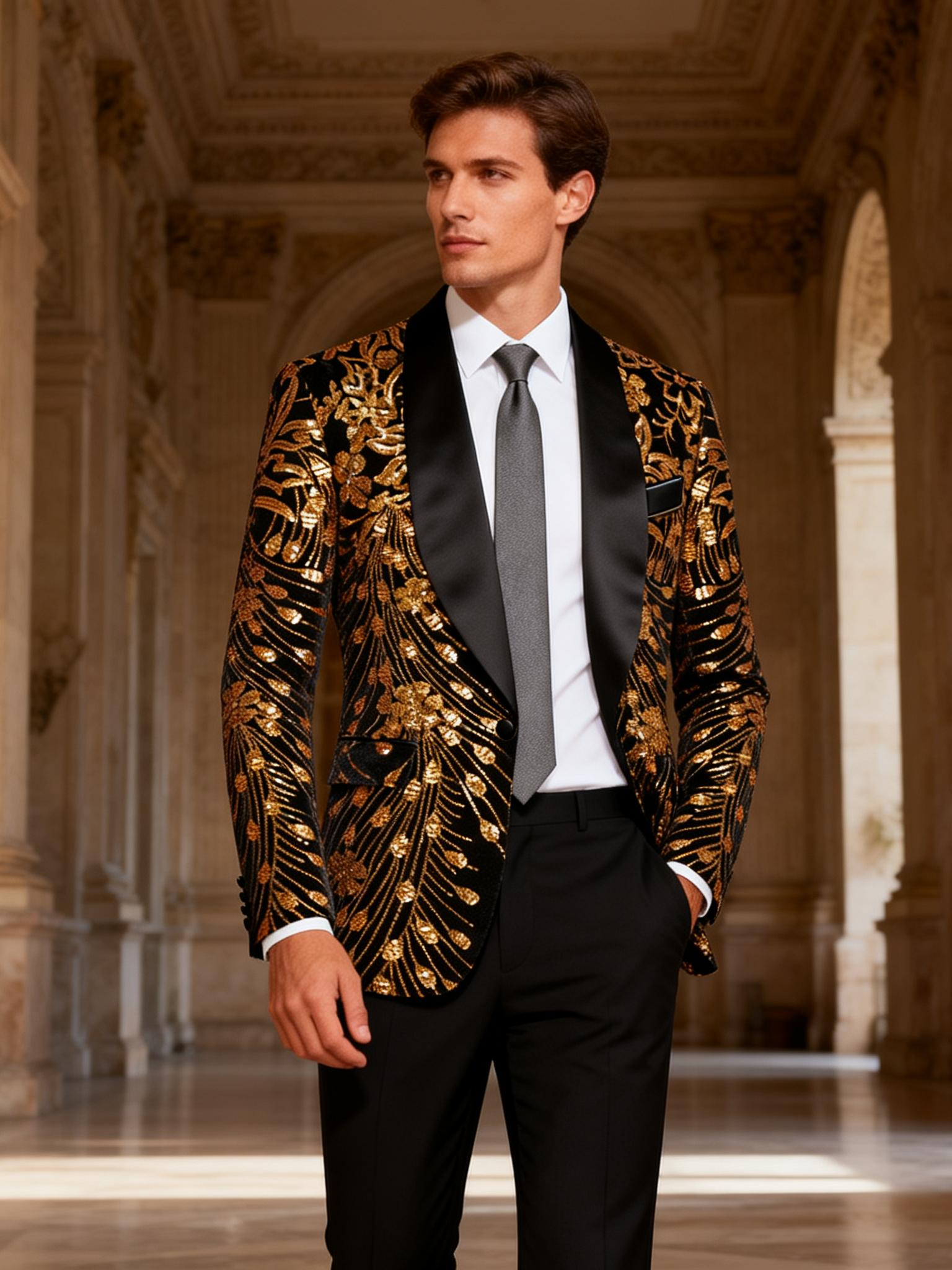 Luxury Gold Sequin Floral Blazer for Men | Stage, Red Carpet & Formal Events
