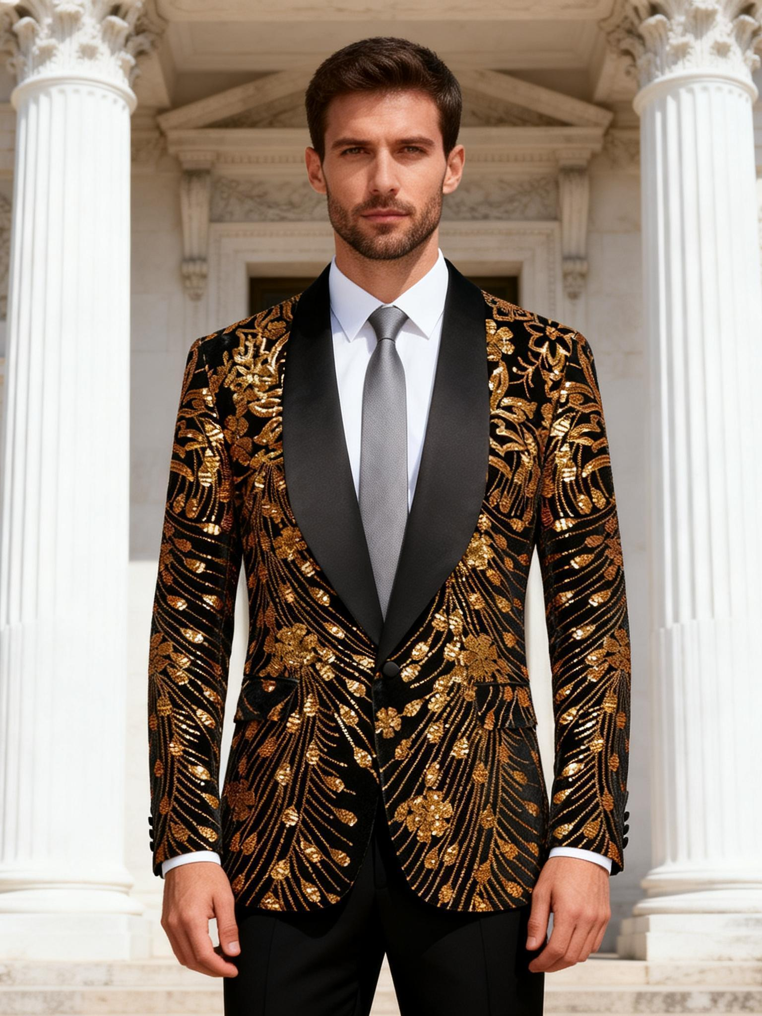 Luxury Gold Sequin Floral Blazer for Men | Stage, Red Carpet & Formal Events
