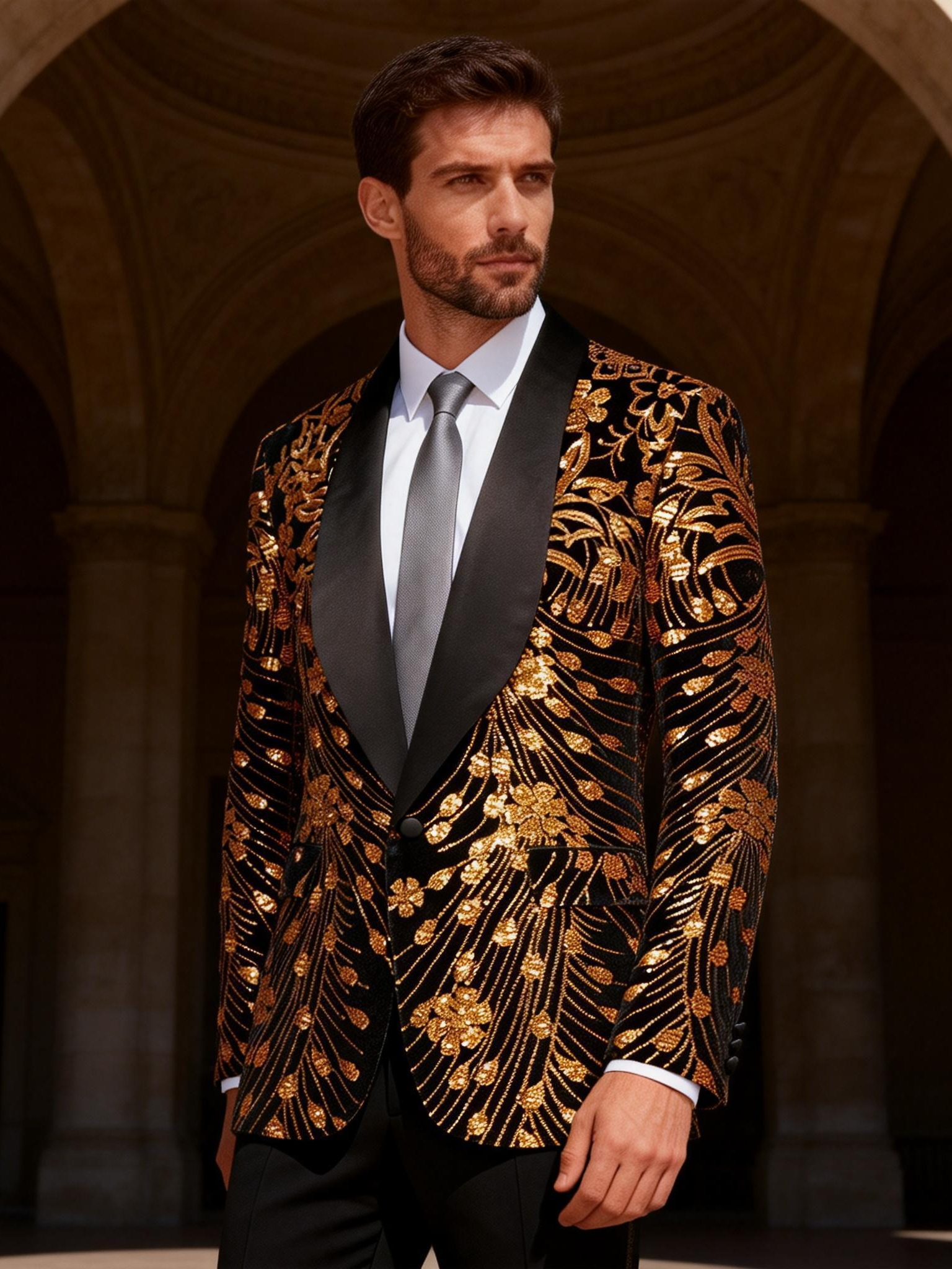 Luxury Gold Sequin Floral Blazer for Men | Stage, Red Carpet & Formal Events